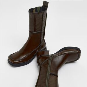 Square Toe Brown Leather Boots/ Miista Alzira Musgo Boots Brown/Chunky Heel Boot